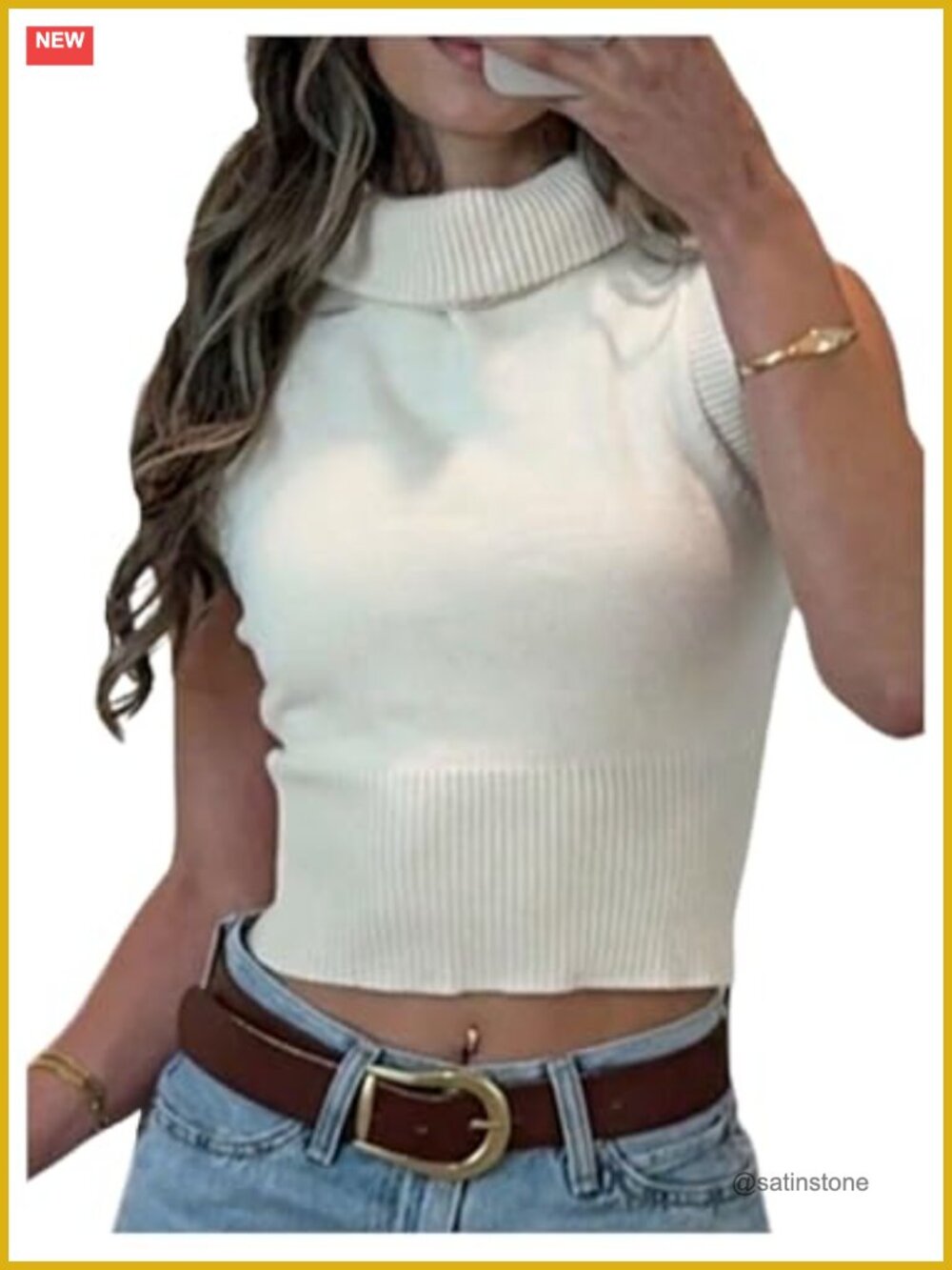 High Neck Rib Knit Sweater Vest Sleeveless Slim Fit Crop Tank Top